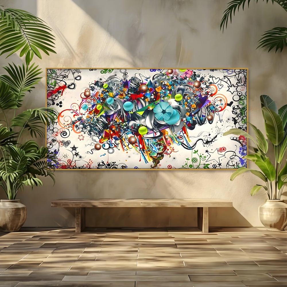 Tablou canvas cu tablou canvas cu compozitie abstracta, in rama de aluminiu auriu